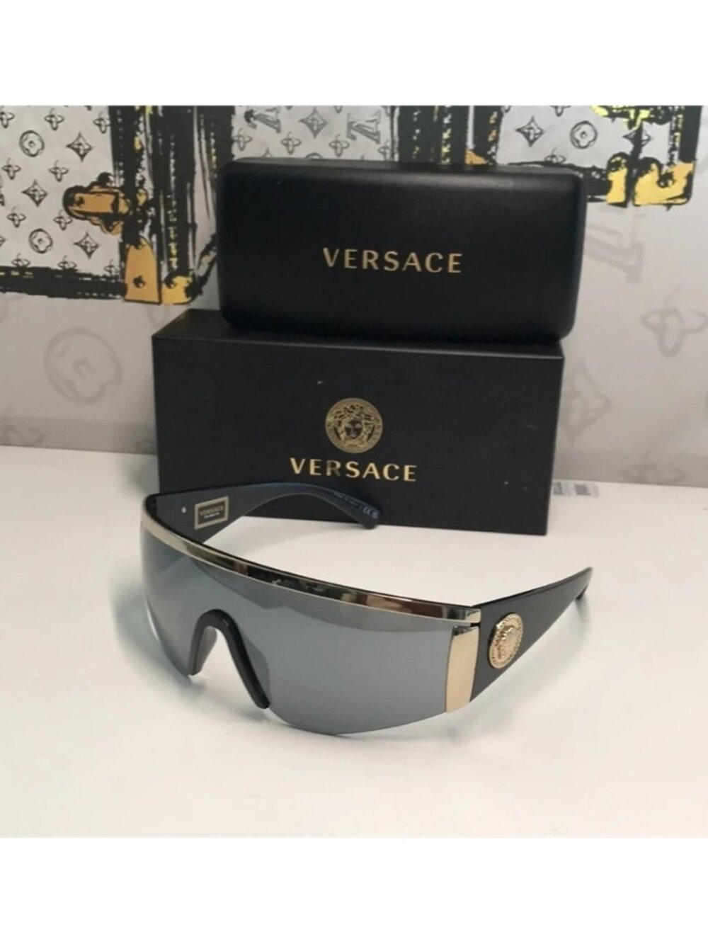New Versace™ VE2197 Shield Sunglasses – Gold Frame / Grey Mirror Lenses